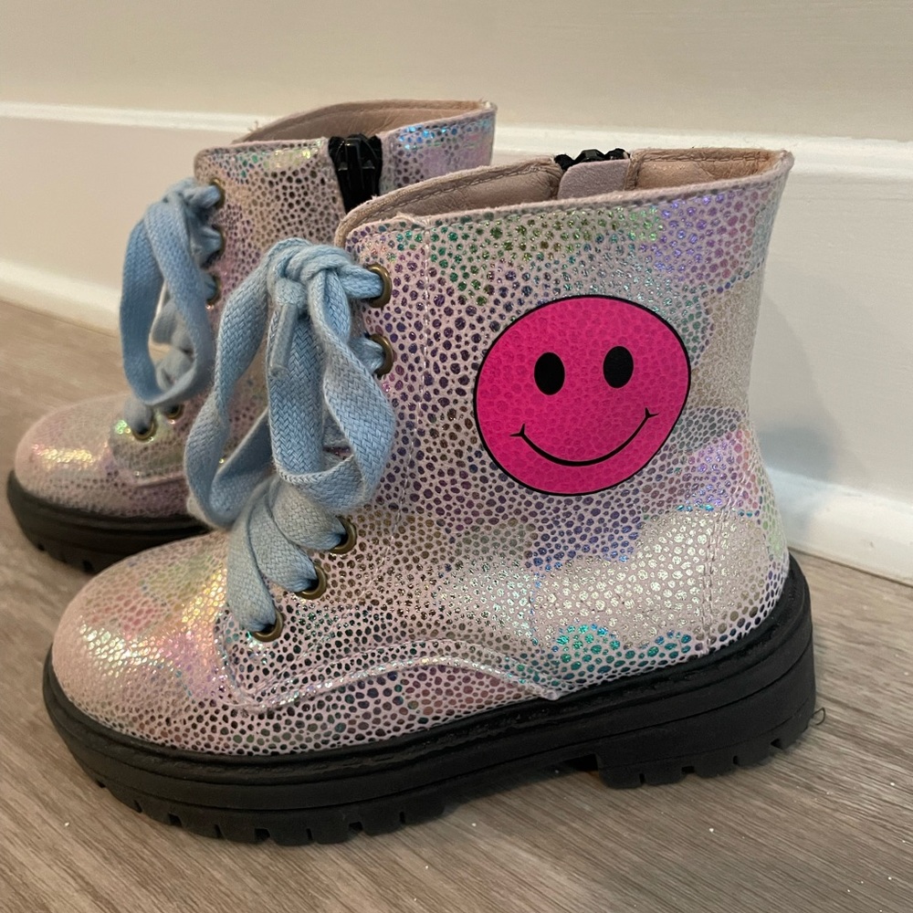 Designer kids brand Lola and the Boys Happy Emoji combat boots